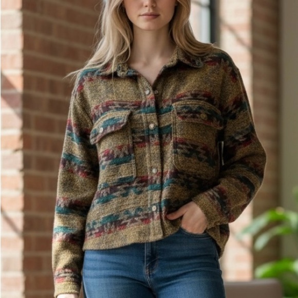 BBJ Los Angeles Jackets & Blazers - BBJ Los Angeles women’s Aztec Print Knit Snap Cropped Jacket, size XL